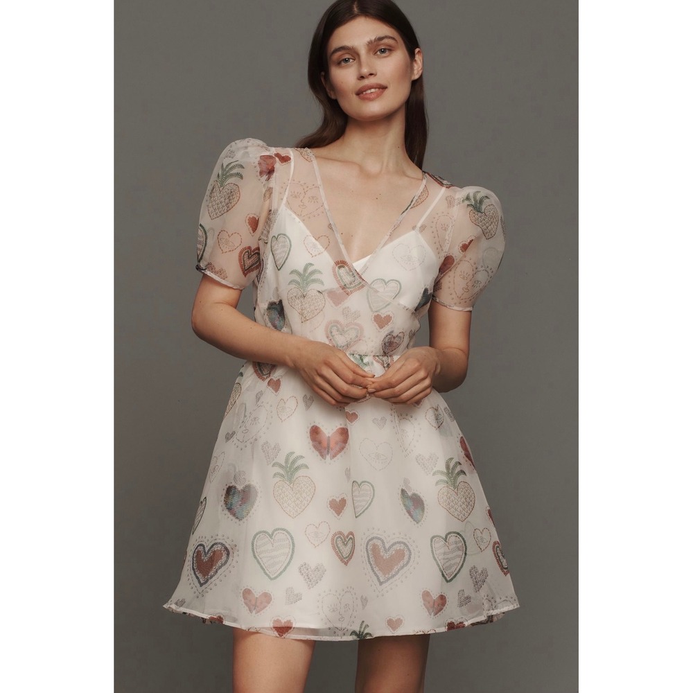 Farm Rio for Anthropologie Heart Organza Puff Sleeve Mini Dress White Multi M